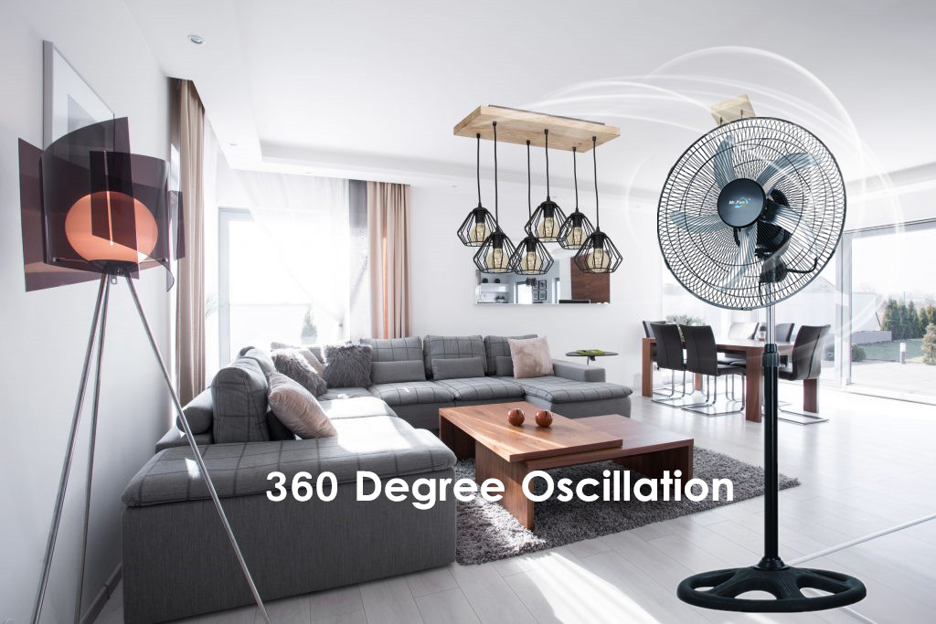 Pedestal stand fan in a modern living room