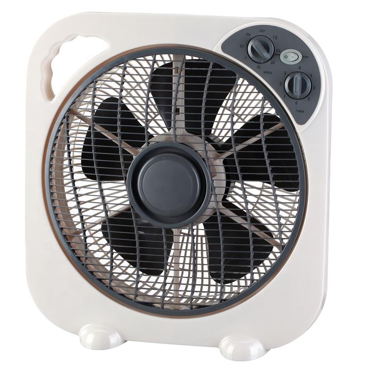 White box fan with speed and timer knobs